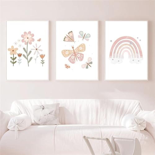 Nordic Ideas Juego de 3 Cuadros Arcoiris Bebe Rosa Flores Mariposas Niña Pósteres Habitación Laminas Decorativas Pared Infantiles Impresiones Ilustraciones Sin Marco NPTWC007-S