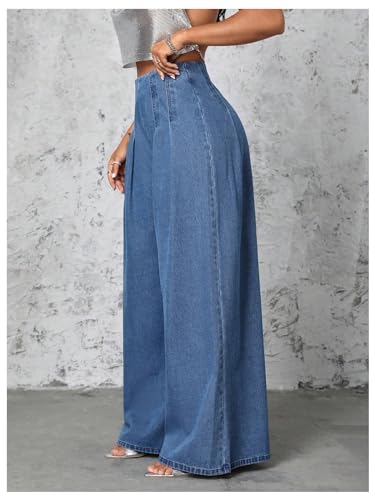 WDIRARA Women's High Waisted Denim Palazzo Pants Pleated Wide Leg Baggy Jeans Pants3