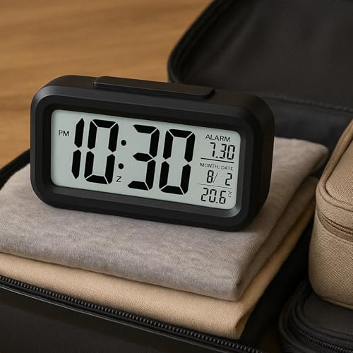 Image of Digital LCD Alarm Clock with Backlight | LED Display Bedside Clock with Alarm & Snooze | Compact Table Clock for Bedroom, Office & Travel (1 Pc)