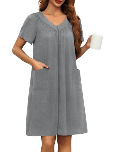 Image of Ekouaer Women Robe Zipper Front Mumu Duster Robes Zip Up Housecoat Soft Sleepwear with Pockets