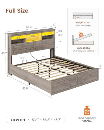Image of AOGLLATI Farmhouse Full Size Bed Frame with Lift Up Storage, Grey