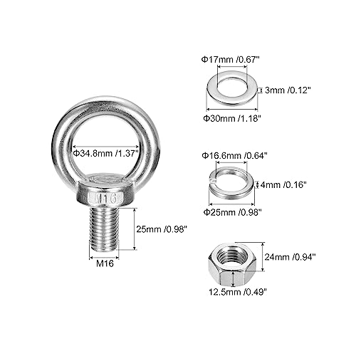 Image of uxcell Lifting Eye Bolt, 1 Set M16x25mm Eye Bolt with Nut Washer 304 Stainless Steel Shoulder Lifting Ring Eye Bolt for Hanging Item