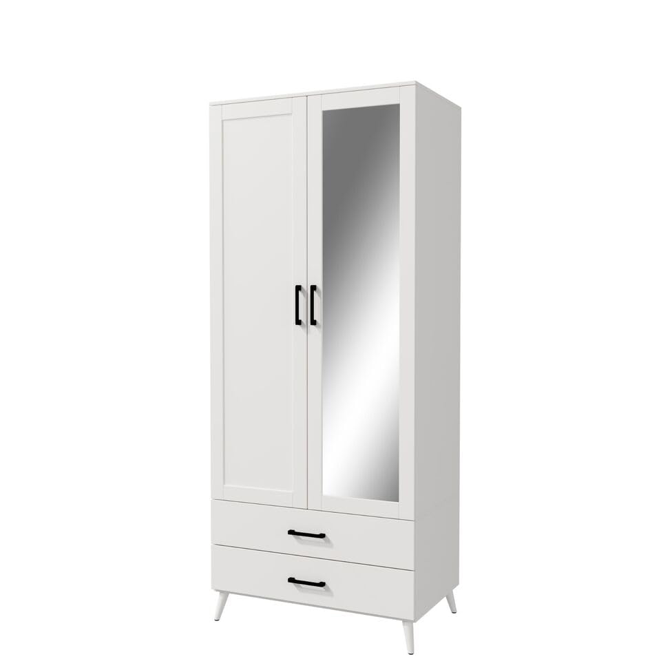 URBNLIVING 180cm Tall White Freestanding Mirror Wardrobe with 2 Door 2 Drawer Modern Shelf Clothes Storage Cupboards Unit for Bedroom Hanging Rail with Wooden legs