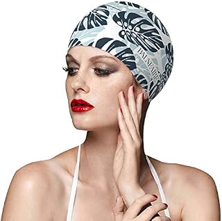 BALNEAIRE Silicone Swim Cap for Women, Waterproof Long Hair Swimming Caps Leaf Printed