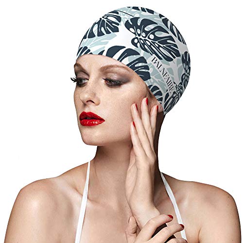 BALNEAIRE Silicone Swim Cap for Women, Waterproof Long Hair Swimming Caps Leaf Printed