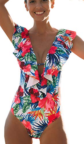 Sporlike Women One Piece Swimsuit V-Neck Ruffle Bathing Suit Monokini(Floral/White,M) #TOP27