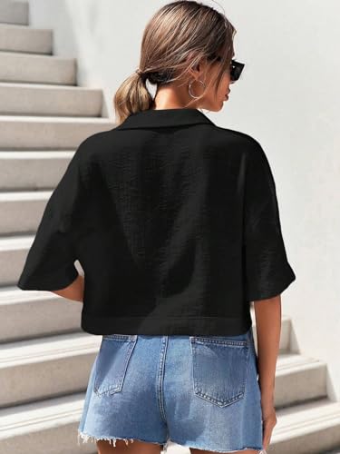 Image of TOPLOT V-Collar Solid Crop Shirt for Women with Half Sleeves, Polyester, Regular Fit