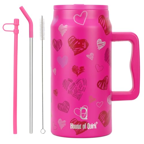 Image of House of Quirk 1500ML Stainless Steel Mug Tumbler with Handle & Straw Lid - Large Water Bottle for Men & Women (Rose Heart)