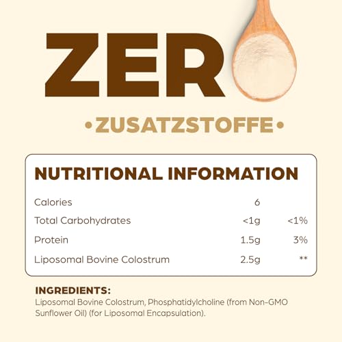 Liposomales Colostrum Pulver 2500mg, 60% IgG Hochdosiertes Kolostrum, Bovine Colostrum Pulver from Grass-Fed, 5X Konzentration Immunoglobuline, Reines, Ohne Zusätze