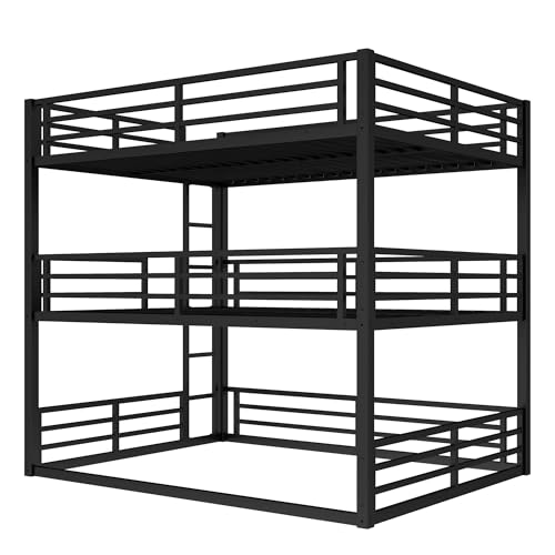 Image of Queen Over Full XL Over Queen Bunk Bed, Metal Triple Bunk Bed with Safety Guardrails, Modern Bed Frame for Kids, No Box Spring Required, Black