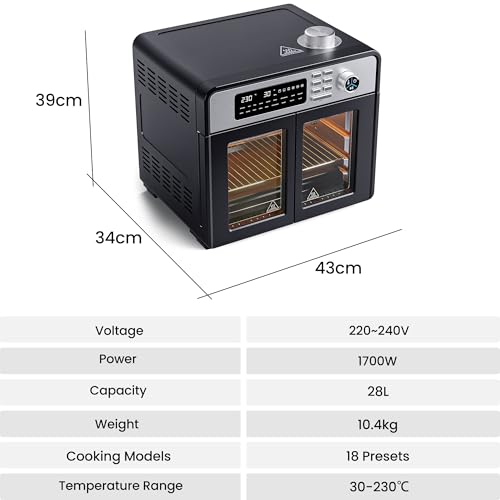 MoraRise 28L Large Air Fryer Oven with Rotisserie, 18-in-1 Air Fryer Cook Countertop Convection Oven, Oil Free Airfryer for Family, Fast Cooking Roast, Bake, Pizza, Dehydrate, Grill, Full Accessory - Image 7