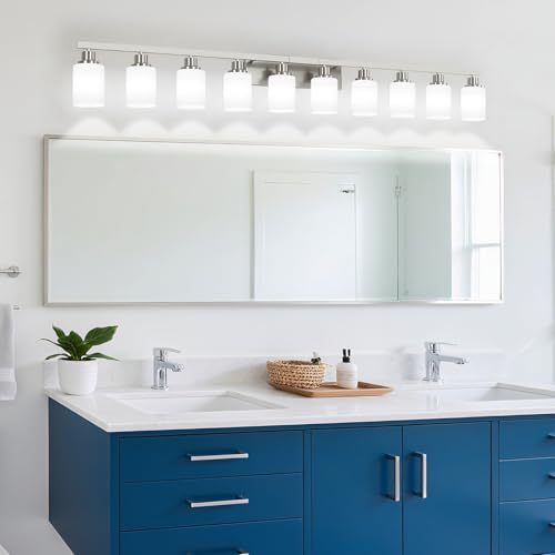 Image of 10-Light Bathroom Vanity Light Brushed Nickel 64.5in Vanity Lights | White Frosted Ribbed Glass Shade Modern Bathroom Wall Lights Fixtures over Mirror Wall Sconces Lighting E26 Base