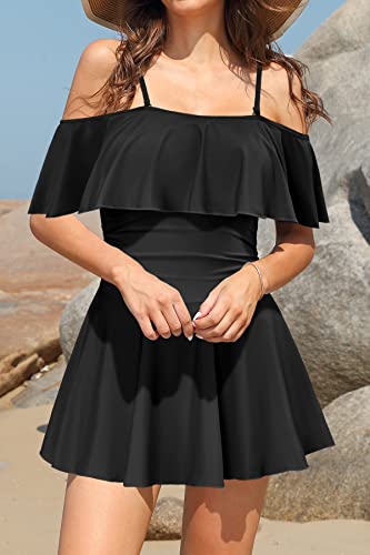 SHEKINI Women's Off-Shoulder Ruffled Flounce Swim Skirt Ruched One Piece Swimdress2