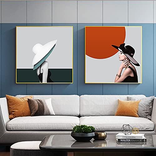 Affiche murale femme chapeau orange 50x50cm lot de 2 pour couloir vide