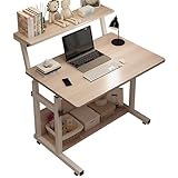 Jorunb Small Home Study Desk，Modern Bookcase Desks，Height-adjustable Steel Frame Office Writing Table，Bedroom Computer Desk with Wheels，Home Office Desk for Small Space，Laptop Table with Shelf (Wood)