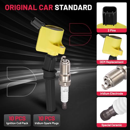 Image of BDFHYK 10 Ignition Coil Pack DG508 and 10 Iridium Spark Plug SP479 Compatible with Ford E-150 E-250 F-150 F-250 F-350 Super Duty,Compatible with Lincoln Navigator 5.4L V8 Coil for DG457 DG472