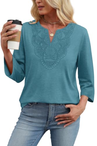 Image of WIHOLL 3 /4 Length Sleeve Womens Tops Boho V Neck Lace Shirt Trendy Blouses Dressy Casual Vacation Clothes S-3XL