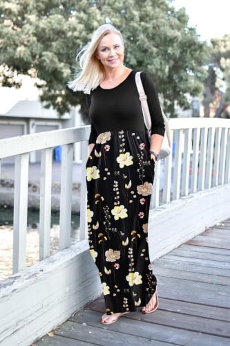 Image of WNEEDU Women's 3 /4 Sleeve Casual Loose Long Maxi Dresses with Pocket