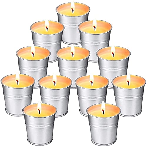 SUPERSUN 12 Stück Citronella Kerze Outdoor im Metalleimer, 120-180 Brennstunden Natürliches Sojawachs Citronella Duftlichter Zitrone Teelichter Outdoor Indoor Ideal für Balkon,Terrasse,Garten,Camping