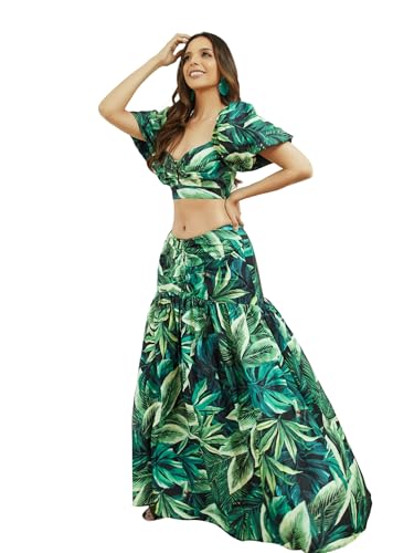 BRANCHEÉ BY E&D Women's Summer 2 Piece Outfits Floral Print Crop Puff Sleeve Tops Maxi Skirt Sets Long Dress