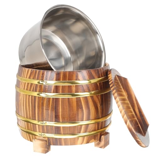 SHINEOFI Cubo de Arroz de Madera para Cocina Hogar 18 Cm Tapa y Revestimiento Interior de Acero Inoxidable, Contenedor Multifunción para Arroz Cocido y Almacenamiento, Accesorio de Cocina