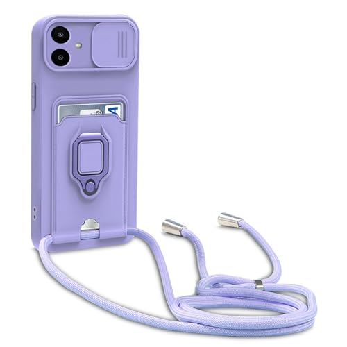 yanasuo Camera Protection Lanyard Phone Case for Samsung Galaxy A05, Card Holder, Slide Camera Cover, Silicone Cord Strap rope Shell TPU Shockproof Bumper Cover-Purple