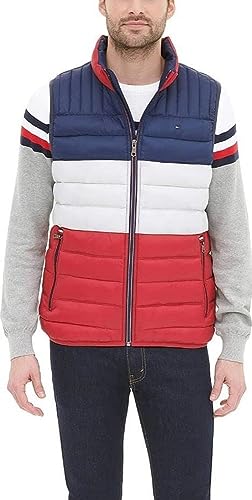 Tommy Hilfiger Chaleco ligero y plegable para hombre, Midnight/Ice/Red Colorblock, X-Large