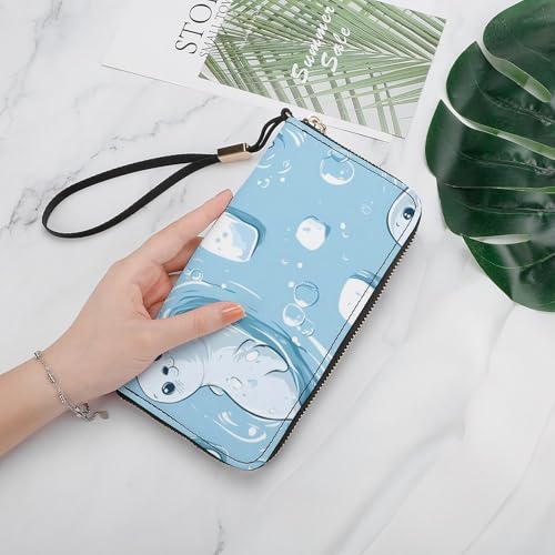 Cute Seals Pattern Women's Leather Clutch Wallet with Zip Card Holder Hand Strap Large Capacity4