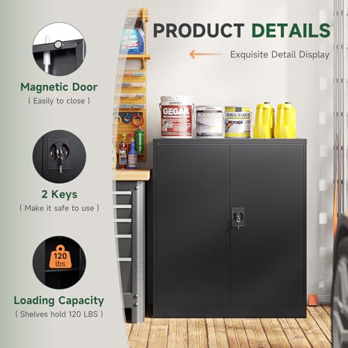 Image of Letaya Metal Storage Cabinets with Lock Door,2 Adjustable Shelves Organizer Steel Storage Cabinets for Home,Office,Warehouse,Garage,Employee Lockers(Black)