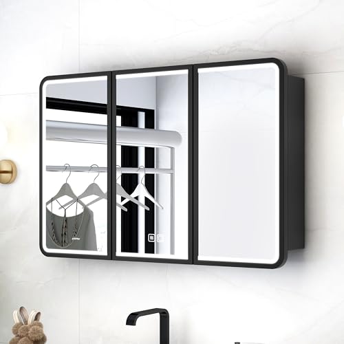 Image of Plantex 304 Stainless Steel Bathroom Cabinet with Mirror /LED Mirror Cabinet for Wall /Triple Door Bathroom Cabinet Storage /Bathroom Organiser Cabinet (36X24 Inch- Defogger /Black)