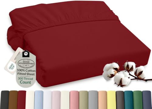 Image of ROYALE LINENS 300 Thread Count 100% Long Staple Combed Cotton Fitted Sheet King - Super Soft Deep Pocket Bottom Sheet - Fitted Sheets Only - Elastic Sheets (King, Red)