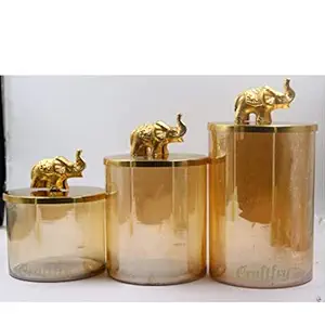 Craftfry Festive Look Decorative Dry Fruit Glass Jars Beautiful Golden Finish With Antique Elephant Knob Lid (PACK OF 3) (4Inch, 6Inch & 8Inch)