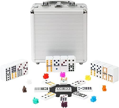 PLAYWUS Juego de dominó mexicano de doble 12 colores con funda de aluminio 91 azulejos de 9 trenes marcador cubo de forma octágono