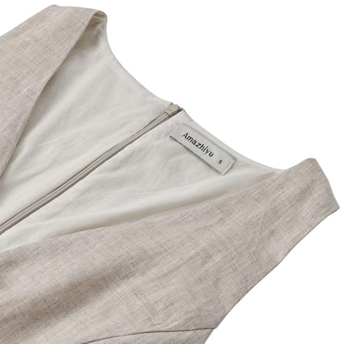 Image of Amazhiyu Womens 100% Linen V Neck Tie Front Mini Tank Dress | Sleeveless Short Dresses, A Line, Plunging Neckline, Lined, No Pocket, Vacation Vibe, Summer Outfits