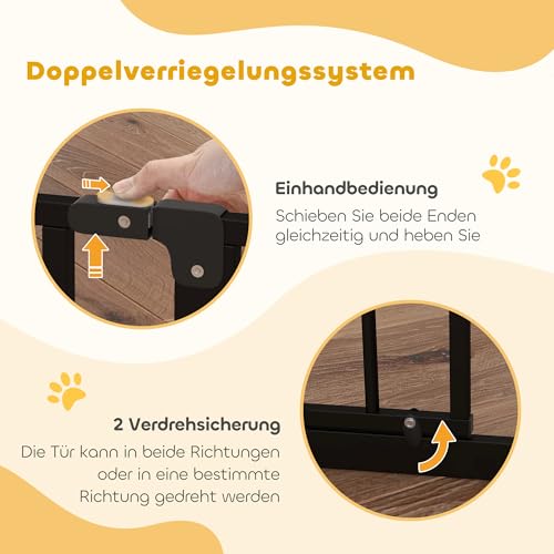 PawHut Türschutzgitter Treppenschutzgitter mit 10 cm Verlängerung Türgitter ohne Bohren Treppengitter für Breiten 75-95 cm Beidseitige Einhand Öffnung Schwenkbar Stahl Schwarz