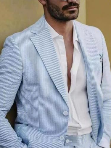 2 Pieces Men's Suits Striped Seersucker Set Slim Fit Mens Jacket Pants Lightweight Set for Casual Summer Beach Wedding3