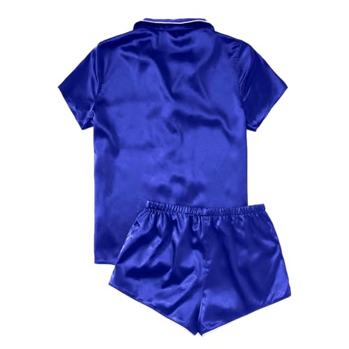 Image of Silk Pajamas for Women Set Button down Short Sleeve Top Shorts 2 Piece Pjs Set Comfy Cute Summer Sleepwear Loungewear