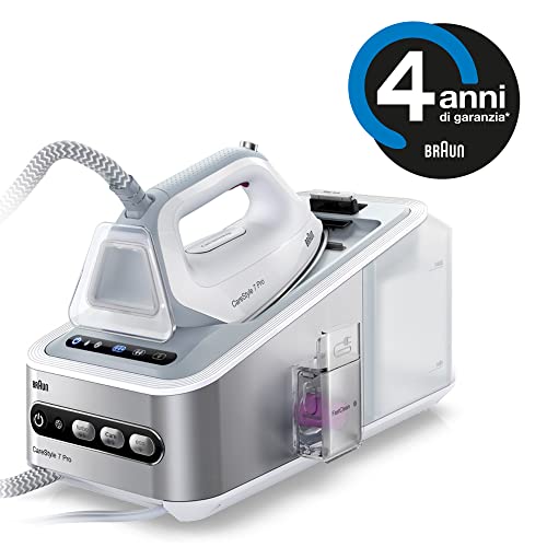 Braun-IS7155WH-Carestyle-7-Centro-de-Planchado-2400W-125gmin-golpe-de-vapor-500gmin-suela-bidireccional-Eloxal-3D-Plus-Tecnologia-iCare-sistema-FastClean-blanco-y-gris