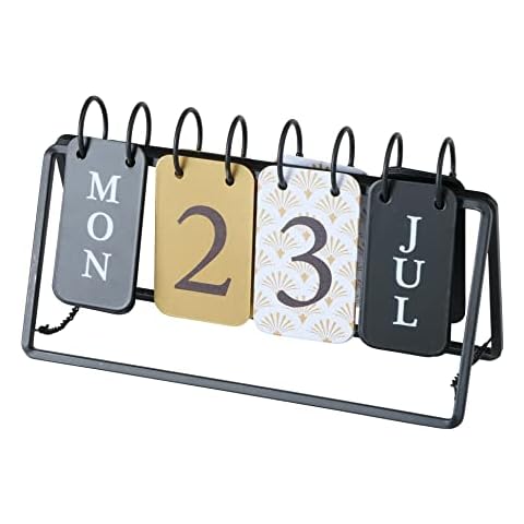 WHW Whole House Worlds Perpetual Flip Calendar, Desktop Accessory, Easel Back Frame, Metal, Rustic Grey, Black, Yellow, 10.75 Inches (27 cm) Cover
