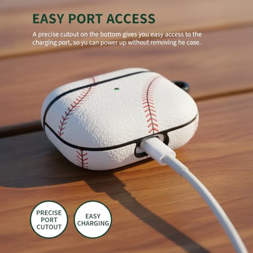 Image of Baseball AirPods Pro 3 Case 2025, Premium PU Leather Protective Cover with Keychain, Cute Hard Shell Earbuds Case, White