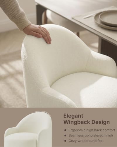 Image of KISLOT Upholstered Dining Chairs Set of 4 with Caster, Pre-Assembled, Ivory | Modern Dining Room Chairs with Wheels, Rolling Vanity Chair with Round Backrest for Kitchen, Bedroom, Dressing, Linen Fabric