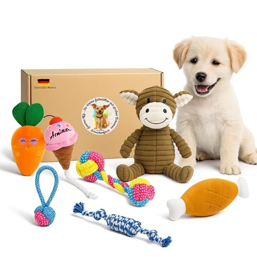 BALLONTE Welpenspielzeug Set 7-teilig für kleine Hunde – Kau- & Quietschspielzeug, Robustes Seilspielzeug, Beschäftigung & Zahnpflege für Welpen – Ungiftige Materialien, Spielzeug gegen Langeweile