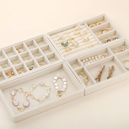 Image of Elsjoy 8 Pack Velvet Jewelry Trays, Stackable Jewelry Organizer Trays for Drawers, Beige Jewelry Storage and Display Tray Inserts for Necklaces, Rings, Earrings