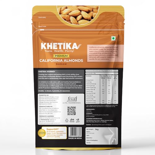 Image of Khetika Premium California Almonds 1Kg | Dry Fruits, Badam Giri, Rich in Fiber, Boost Immunity, Healthy Nutritious Snacks, Whole Crunchy Almond