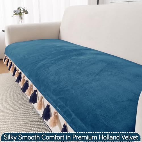 Image of HOKIPO Premium Holland Velvet Sofa Cover 6 Seater Set - Washable 3+2+1 Sofa Cover Mat with Tassel | 'TasselTone Series' | Sea Blue (IN-1108+1106+1104-BL)