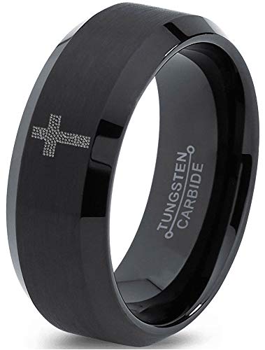 Tiny Hearts Cross Christian Ring - Tungsten Band 8mm - Men - Women - 18k Rose Gold Step Bevel Edge - Yellow - Grey - Blue - Black - Brushed - Polished - Wedding - Gift Dome Flat Cut