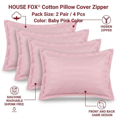 Image of HOUSE FOX Zipper Cotton Pillow Covers /Cases /Protectors (NOT Pillow) Set of 2 Pair Or 4 Pcs,Size -18x28inch with Zip /Chain (Baby Pink Striped, Standard)
