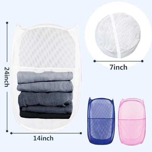 Image of Pop Up Laundry Hamper, Mesh Laundry Basket Collapsible, Foldable Hamper for Travel and Storage, 3 Pack (White+Pink+Blue)