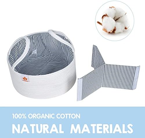 Large Baby Diaper Caddy Organizer Woven Cotton Rope Basket Round 15"X7.4" Nursery Storage Bin Portable ChangingTable/Car Travel Tote Bag Removable Inserts Newborn Registry Boy Girl Shower Basket