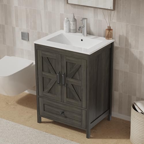KIGOTY 24" Farmhouse Bathroom Vanity with Ceramic Basin, Undermount Vanity